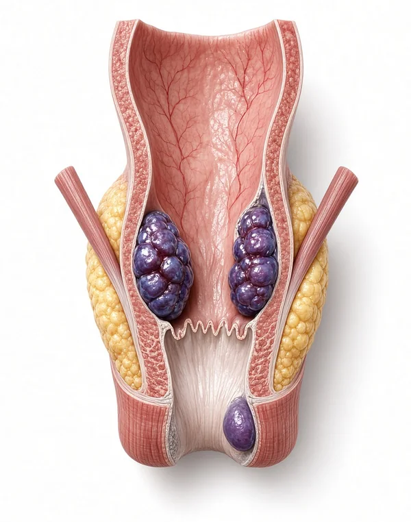 Hemoroid: anal kanalda genişlemiş hemoroid memeleri 3B anatomi görseli
